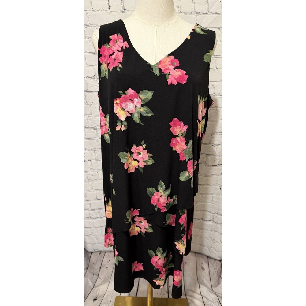 Susan Graver Petite LP Black Pink Green Floral Sleeveless V-Neck Shift Dress